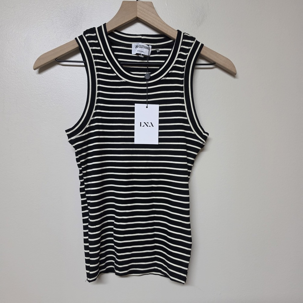 LNA Clothing Womens XS Black Ivory Stripe Ribbed Tank Top Sleeveless Stretch NWT